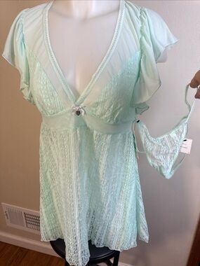 Betsey Johnson L Babydoll Chemise Lace Nightgown Set Panty NWT Aqua Blue Dress